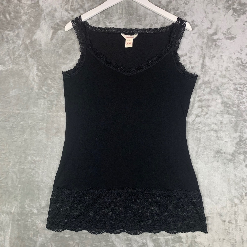 Sundance Lace Trim V-Neck Camisole Tank Top Womens L‎ Black Cotton Romantic Boho